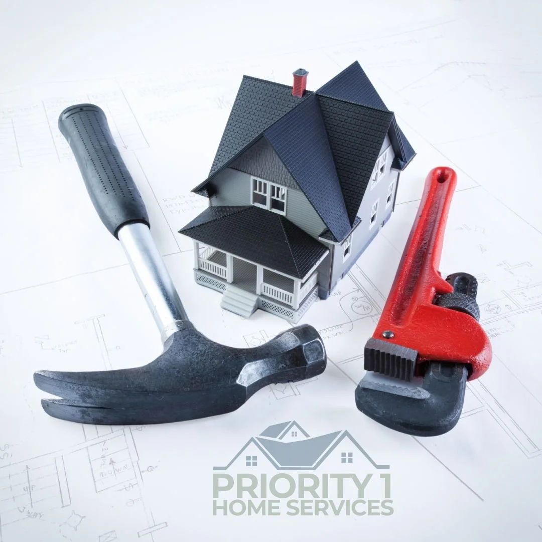 Model house on architectural plans with a hammer and pipe wrench, and a logo for Priority Home Services.
