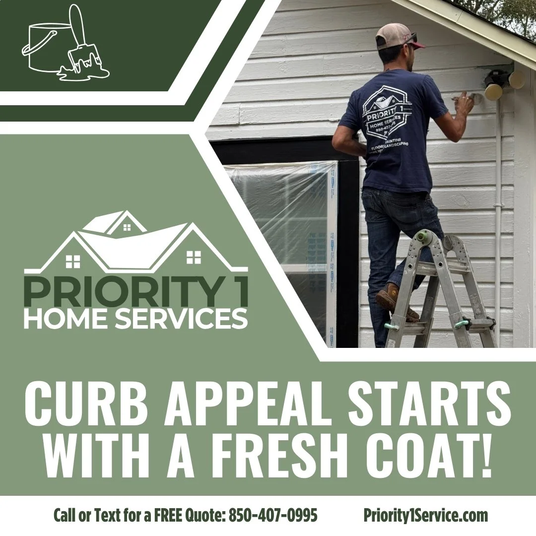 A man painting the exterior of a house with white siding, standing on a ladder, wearing a navy blue t-shirt with Priority 1 Home Services logo, painting near a light fixture, with an advertisement for Priority 1 Home Services overlayed on the image.
