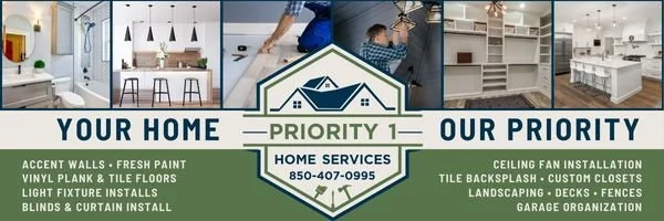 A collage of images showcasing home renovation and improvement services, including interior walls, kitchen with island, staircase, a man working on ceiling fans, and a storage room, with text emphasizing home services and contact information.