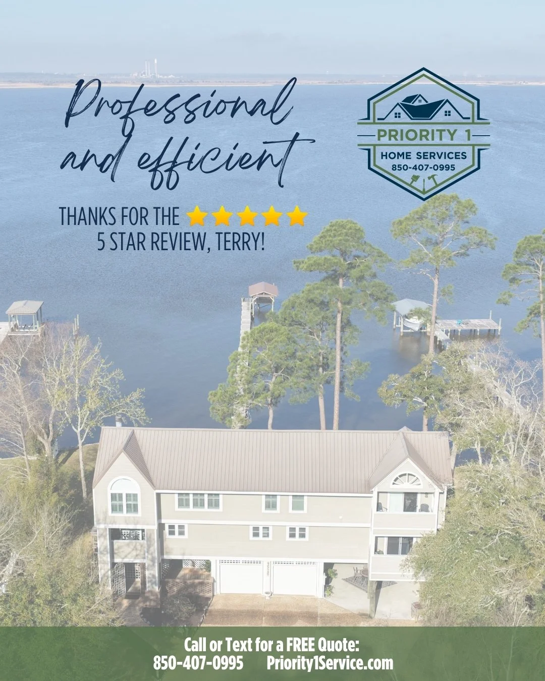 Aerial view of a house near a lake with trees and docks, featuring an overlay of text and logo highlighting home services and a positive review.