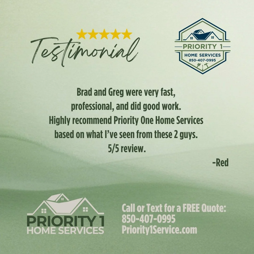 Testimonial for Priority 1 Home Services, featuring a five-star rating, customer praise for the professionalism and speed of Brad and Greg, contact information, and the company's logo with a house and roof icon.