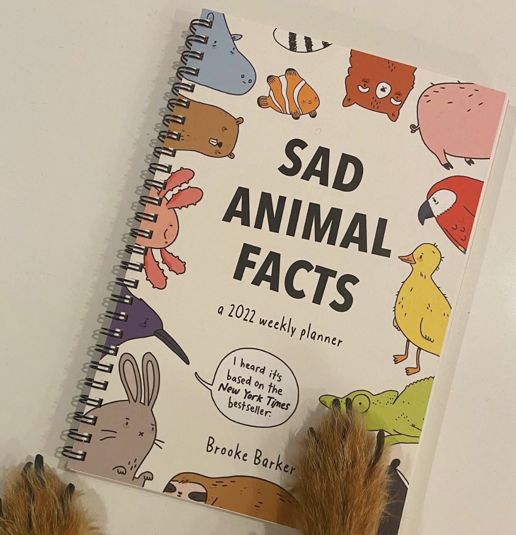 2022 weekly planner titled 'Sad Animal Facts' by Brooke Barker with illustrated animals and a fox's paw on the cover.