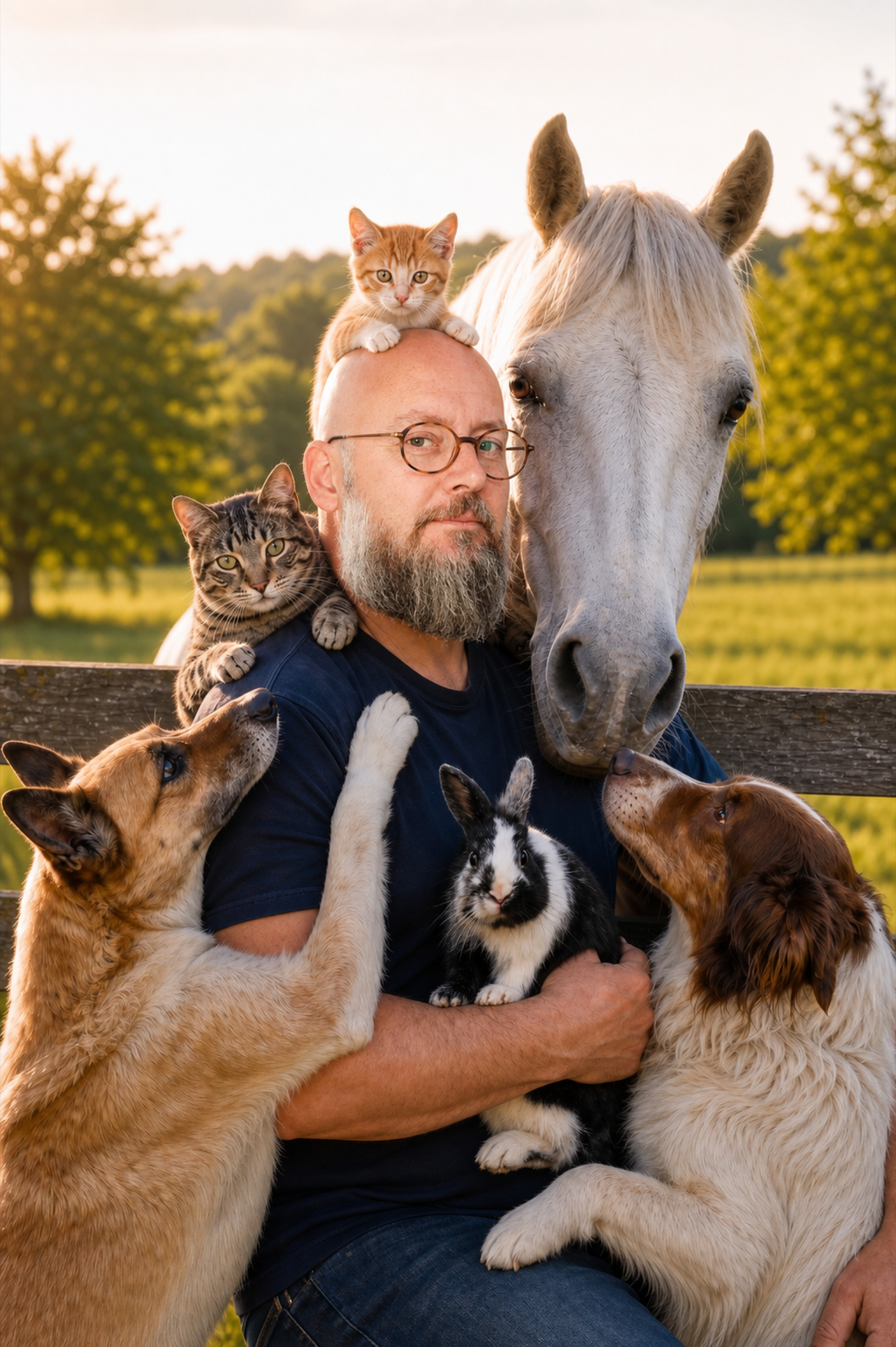 Un homme avec un groupe d'animaux, y compris un cheval blanc, plusieurs chiens, chats, lapins, et un chaton orange, dans un champ en plein air, au coucher du soleil.