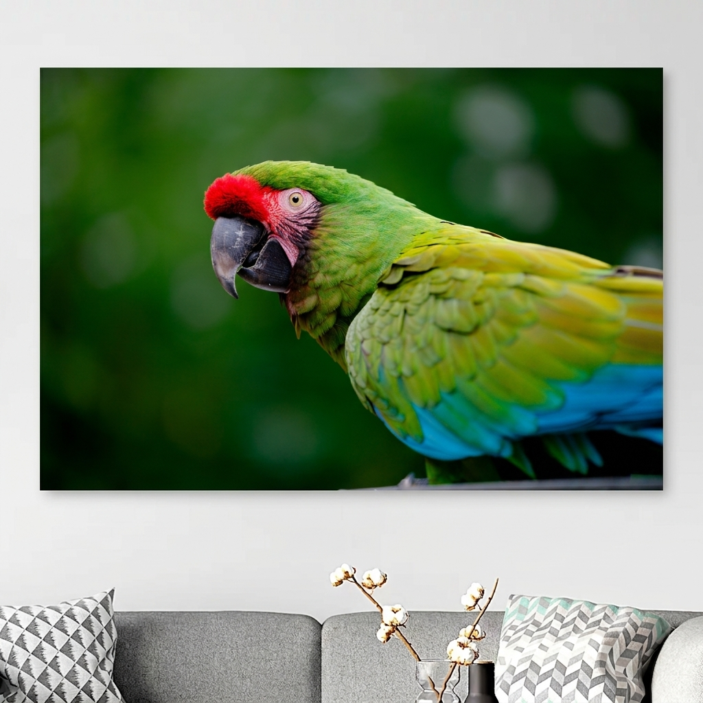 Un perroquet coloré avec des plumes vertes, rouges, jaunes et bleues posé sur un mur, dans un environnement naturel.