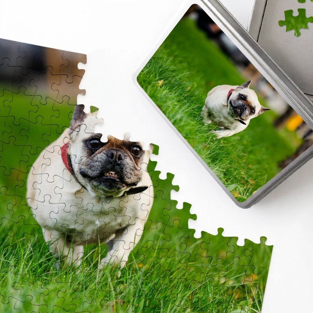 Puzzle de chien bulldog français dans un jardin vert, avec une pièce en cours d'assemblage et une photo du même chien dans une boîte.