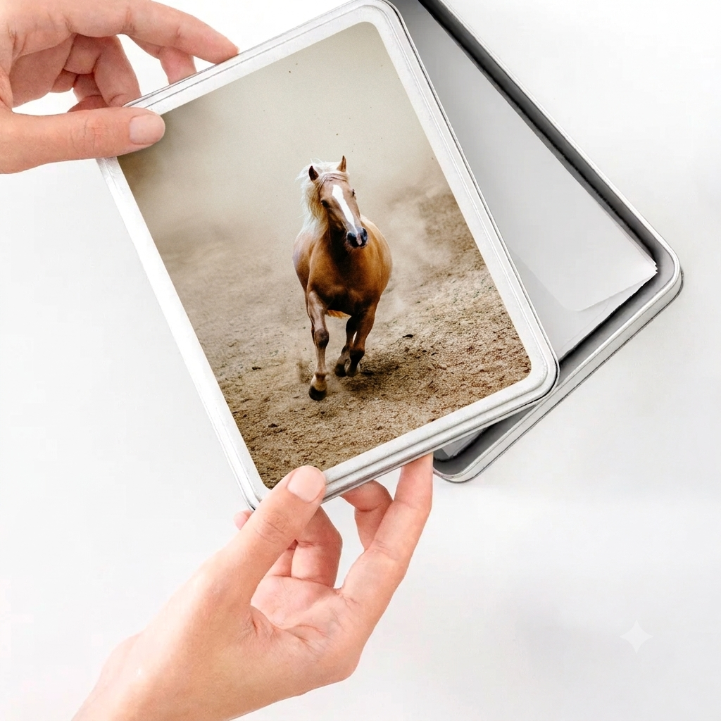 Une personne tient une boîte à souvenirs contenant une photo d'un cheval brun courant dans une carrière.