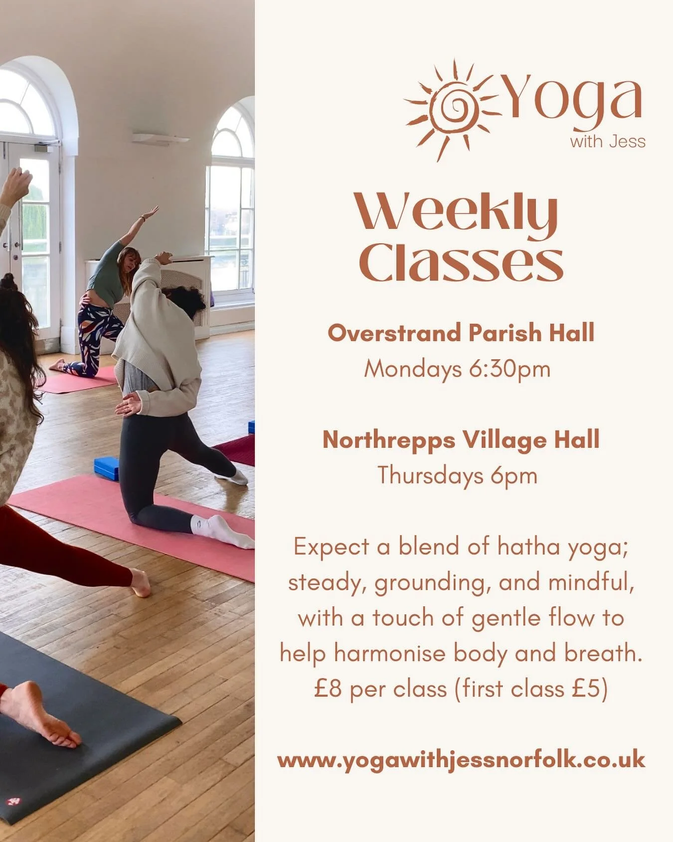 Weekly classes are back 1st September!

🧘&zwj;♀️ Mondays | Overstrand Parish Hall | 6:30pm
🧘&zwj;♂️ Thursdays | Northrepps Village Hall | 6:00pm

Come move, breathe, and reset with me before the summer pause! Drop-ins welcome, see you on the mat! ?
