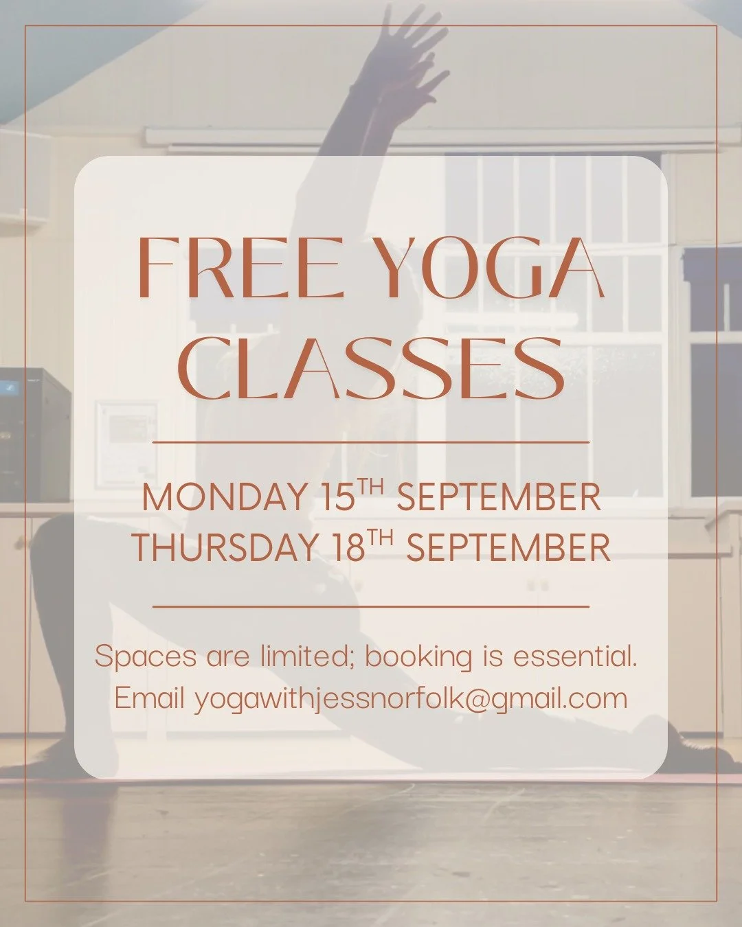 Next week is my one year teaching anniversary! To celebrate, I'm offering free yoga classes...

Monday 15th September | Overstrand Parish Hall | 6:30pm

Thursday 18th September | Northrepps Village Hall | 6pm

Spaces are limited, so please message me