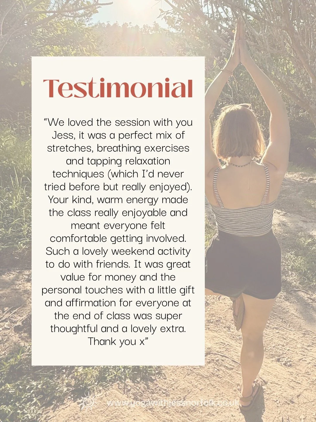 Last month I was invited to my first private yoga class for a lovely group staying in North Norfolk, and they had some super kind words to say which mean the world; thank you so much ❤️

Reviews are one of the best ways you can support, and are so ap