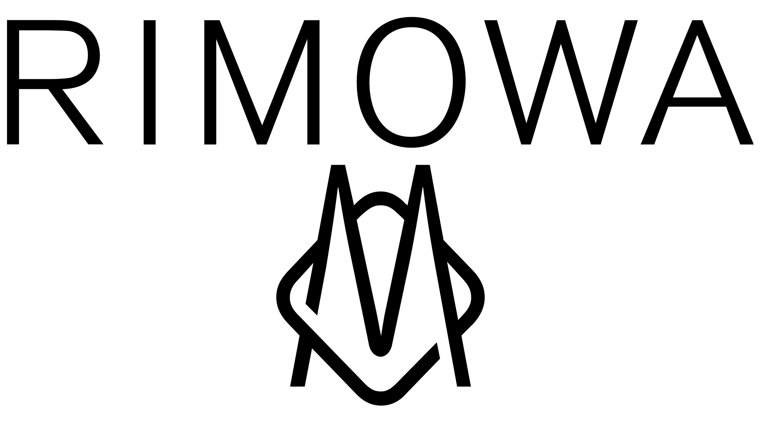 Schwarzer Schriftzug der Marke Rimowa auf weißem Hintergrund.