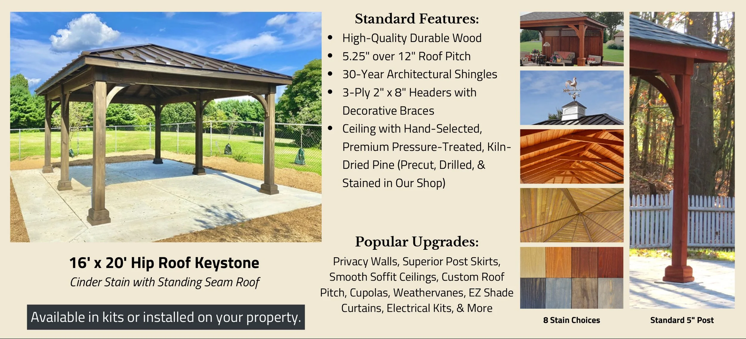 Poster advertising a 16x20 feet hip roof keystone made of cinder stain with standing seam roof. Features include high-quality durable wood, 5.25 inches over 12 inches roof pitch, 30-year architectural shingles, 3 ply 2x8 headers with decorative braces, and a ceiling with hand-selected, premium pressure-treated, kiln-dried pine. The poster shows multiple images of different roof styles, wood staining options, and a white picket fence background. It mentions popular upgrades such as privacy walls, superior post skirts, smooth soffit ceilings, custom roof pitch, cupolas, weathervanes, EZ shade curtains, electrical kits, and more. Available in kits or installed on property.