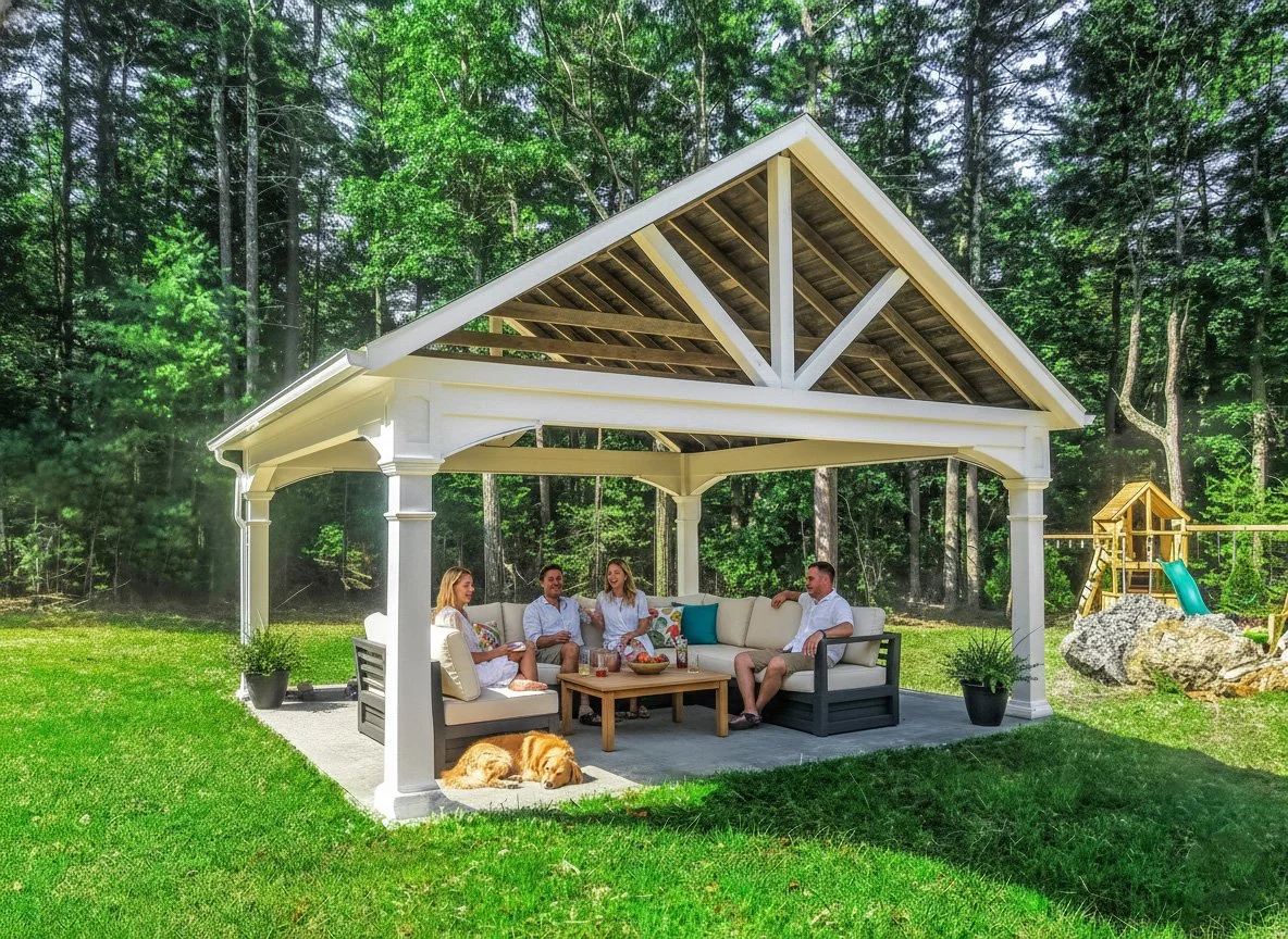 Four people sitting and chatting on an outdoor patio shelter with a wooden roof in a backyard surrounded by trees. There is a large orange cat resting on the patio near potted plants, and a playset for children with a slide and climbing structure in the background.