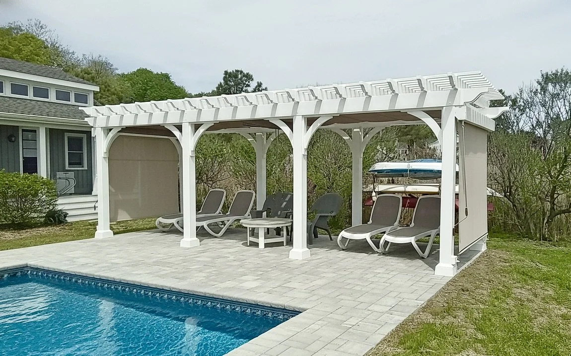 8x24 Elegant Vinyl Pergola w/EZ Shade Canopy and Curtains