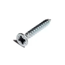 Close-up of a metal screw with a Phillips head, isolated on a white background.