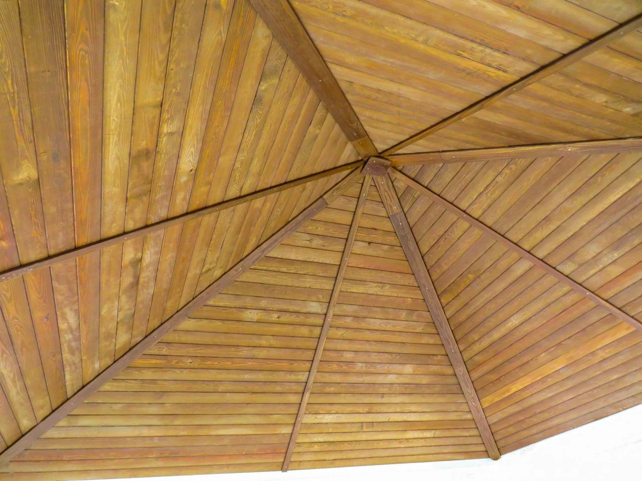 Wooden ceiling of a gazebo or outdoor structure with radial beams.