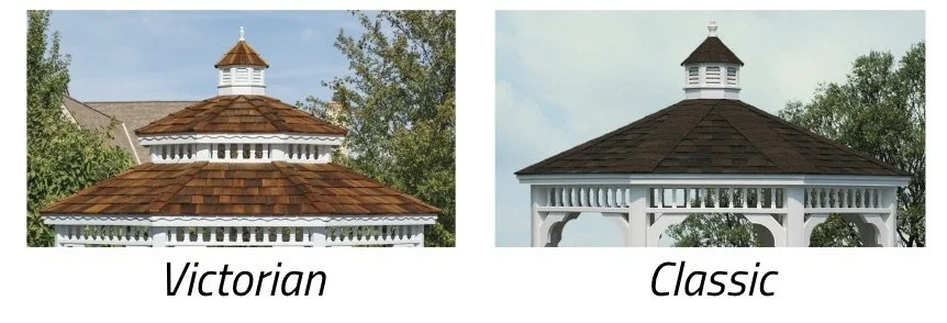Comparison of Victorian and classic gazebo roof styles with trees in the background.