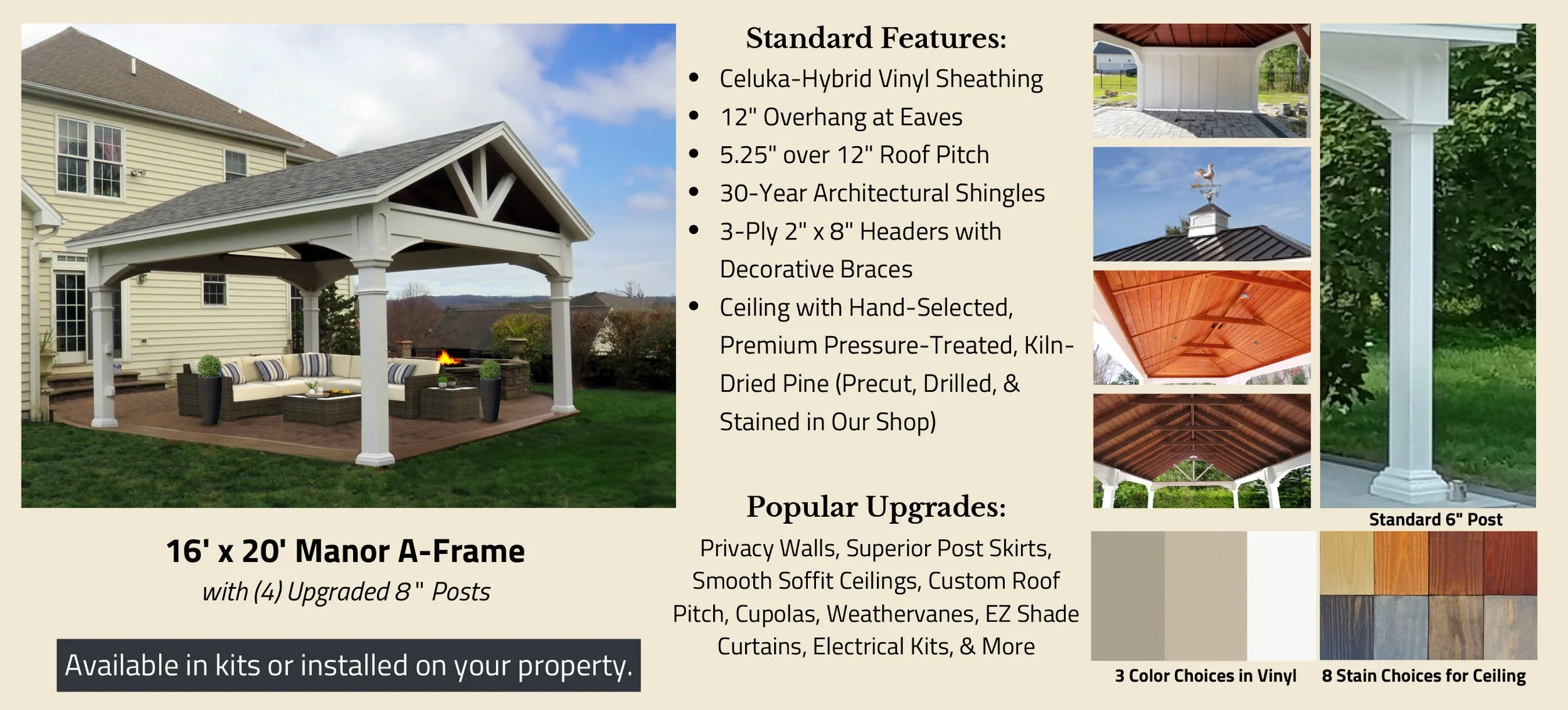 Brochure image of a 16 feet by 20 feet manor A-frame outdoor pavilion with an open side, white posts, and a wooden roof. To the right, a list of features and upgrades for the pavilion, including vinyl sheathing, eave overhangs, architectural shingles, and custom ceiling options, with images of the pavilion's roof and posts. The brochure mentions color and stain choices and indicates the product can be purchased as kits or installed on the property.