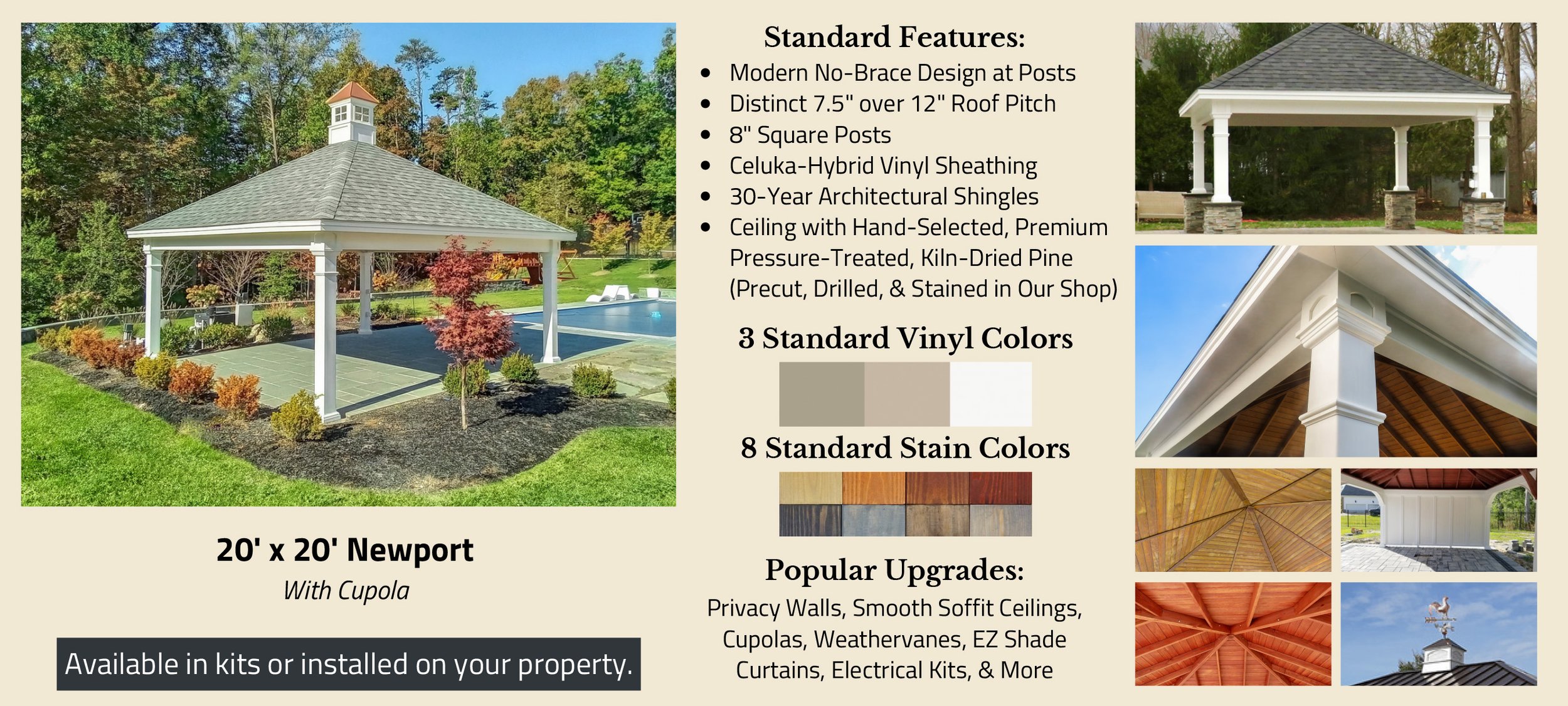 A brochure featuring a 20' x 20' Newport gazebo with a cupola, showcasing images of different gazebo styles, colors, and upgrades, with a list of standard features and options.