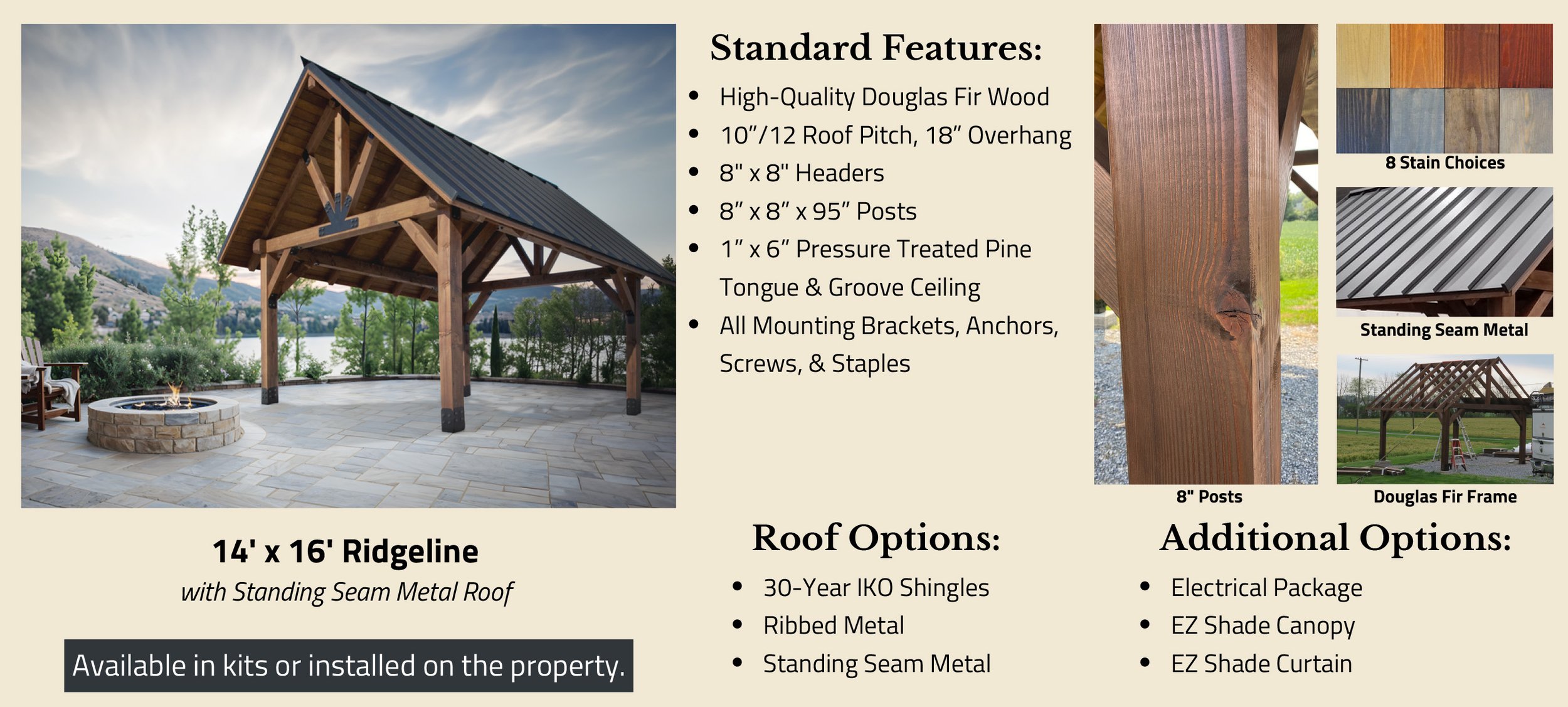 A constructed outdoor pavilion with a standing seam metal roof over a stone patio, overlooking a scenic lake with trees and mountains in the background, accompanied by features and options for the pavilion.