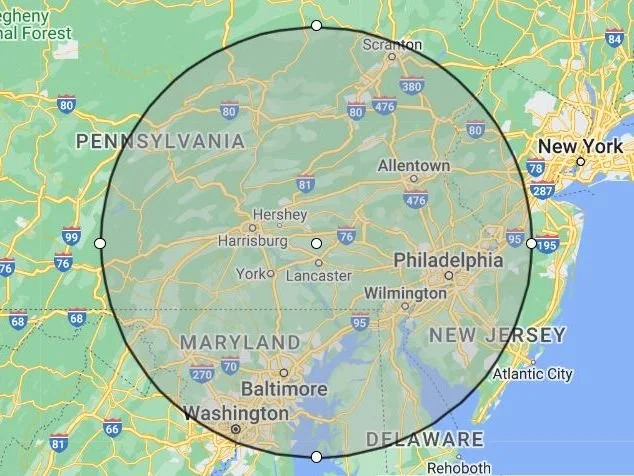 Map showing parts of Pennsylvania, Maryland, Delaware, New Jersey, and around Washington, D.C., with a black circle enclosing the area.
