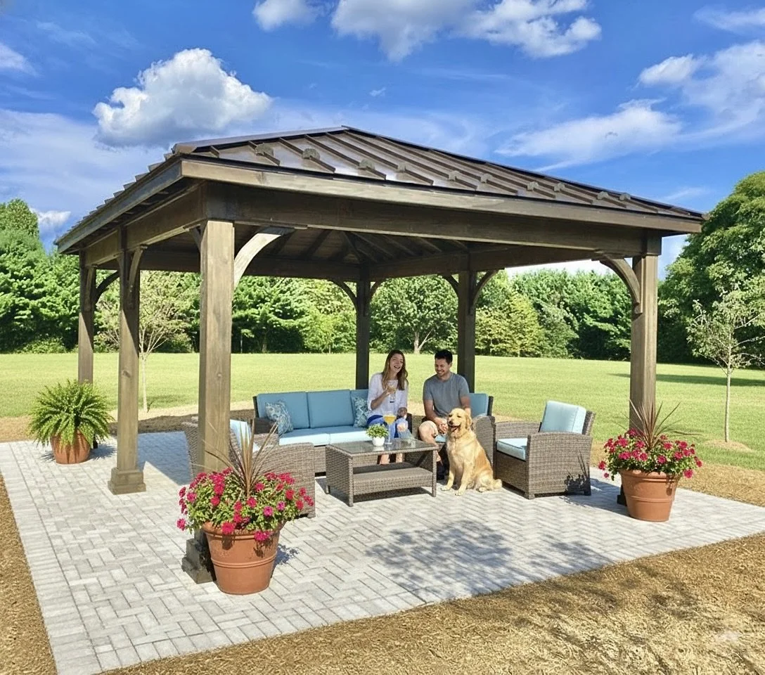 16x20 Keystone Hip Pavilion w/Cinder Stain & Dark Bronze Standing Seam Metal Roof