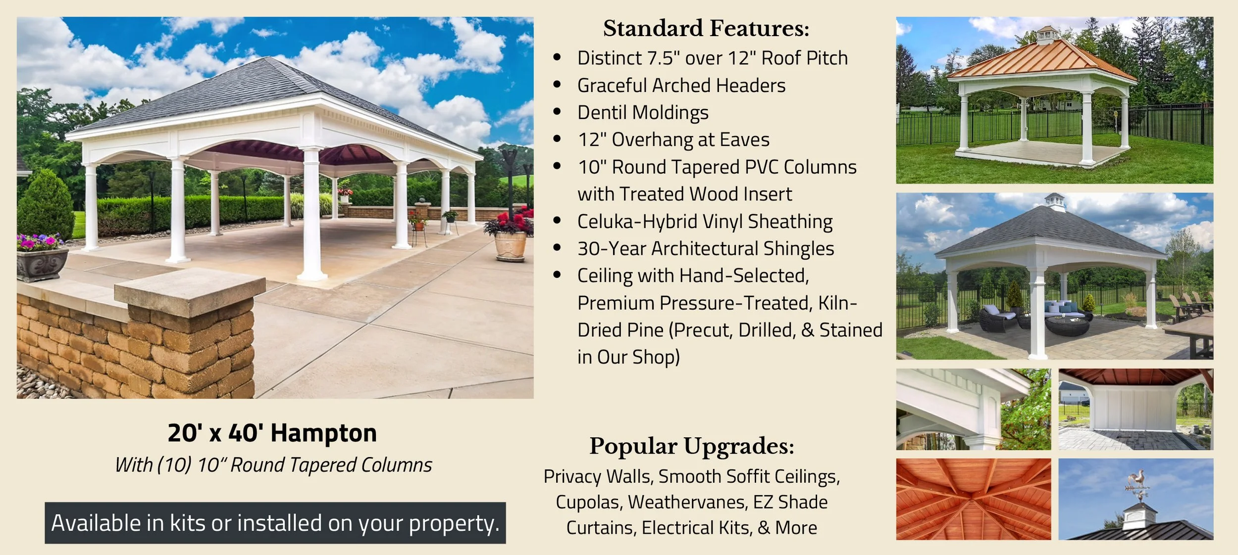 Manufactured outdoor pavilion with white columns and a wood shingle roof, surrounded by landscaped yard and patio area.