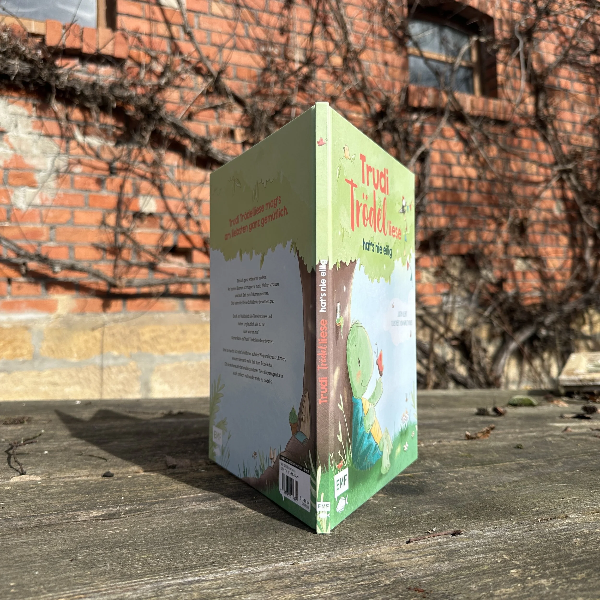 Das  "Buch Trudi Trödelliese" steht aufgeschlagen auf einem Tisch.