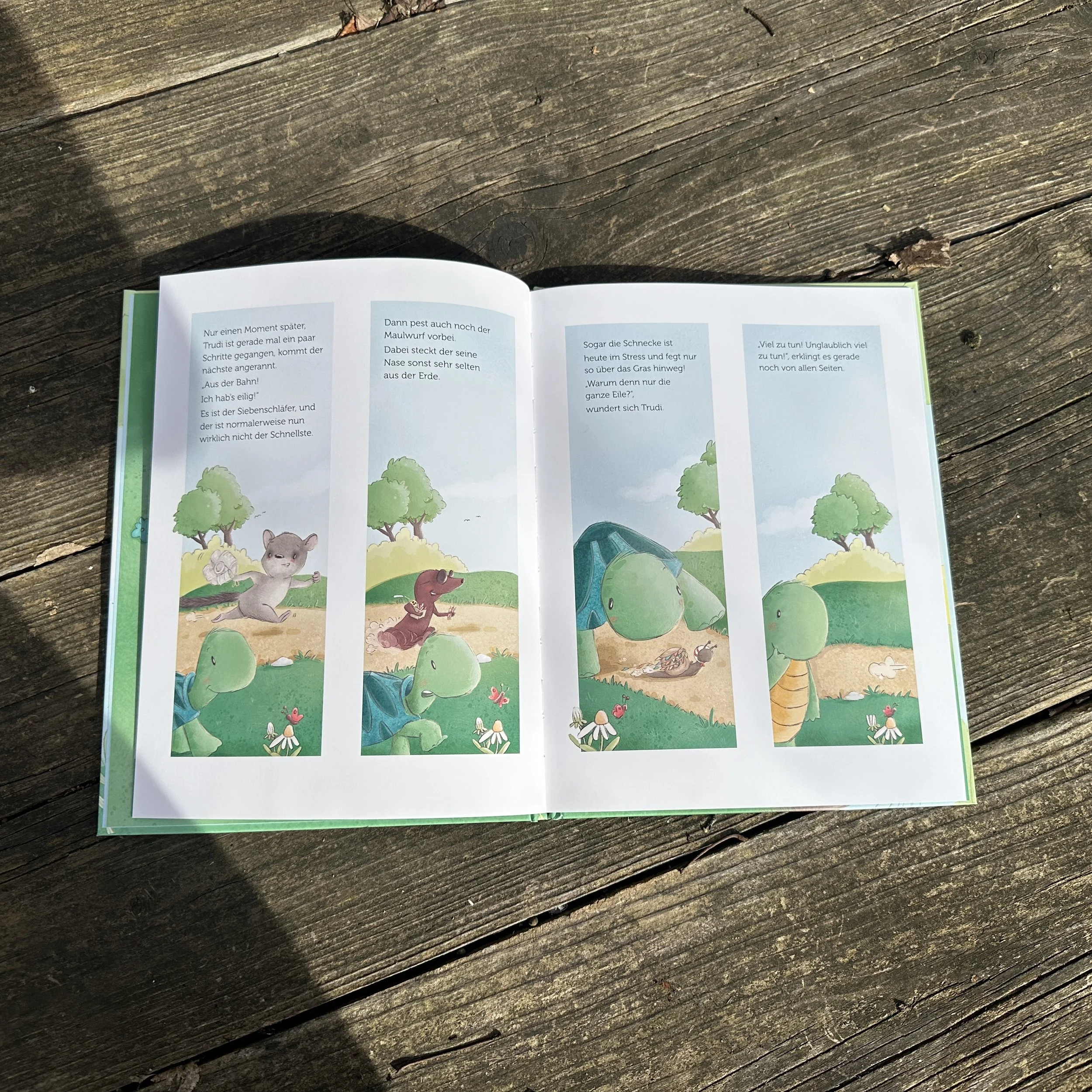 Ein Foto vom Buch "Trudi Trödelliese hat's nie eilig. Das Bilderbuch liegt aufgeschlagen auf einem Holztisch in der Sonne.