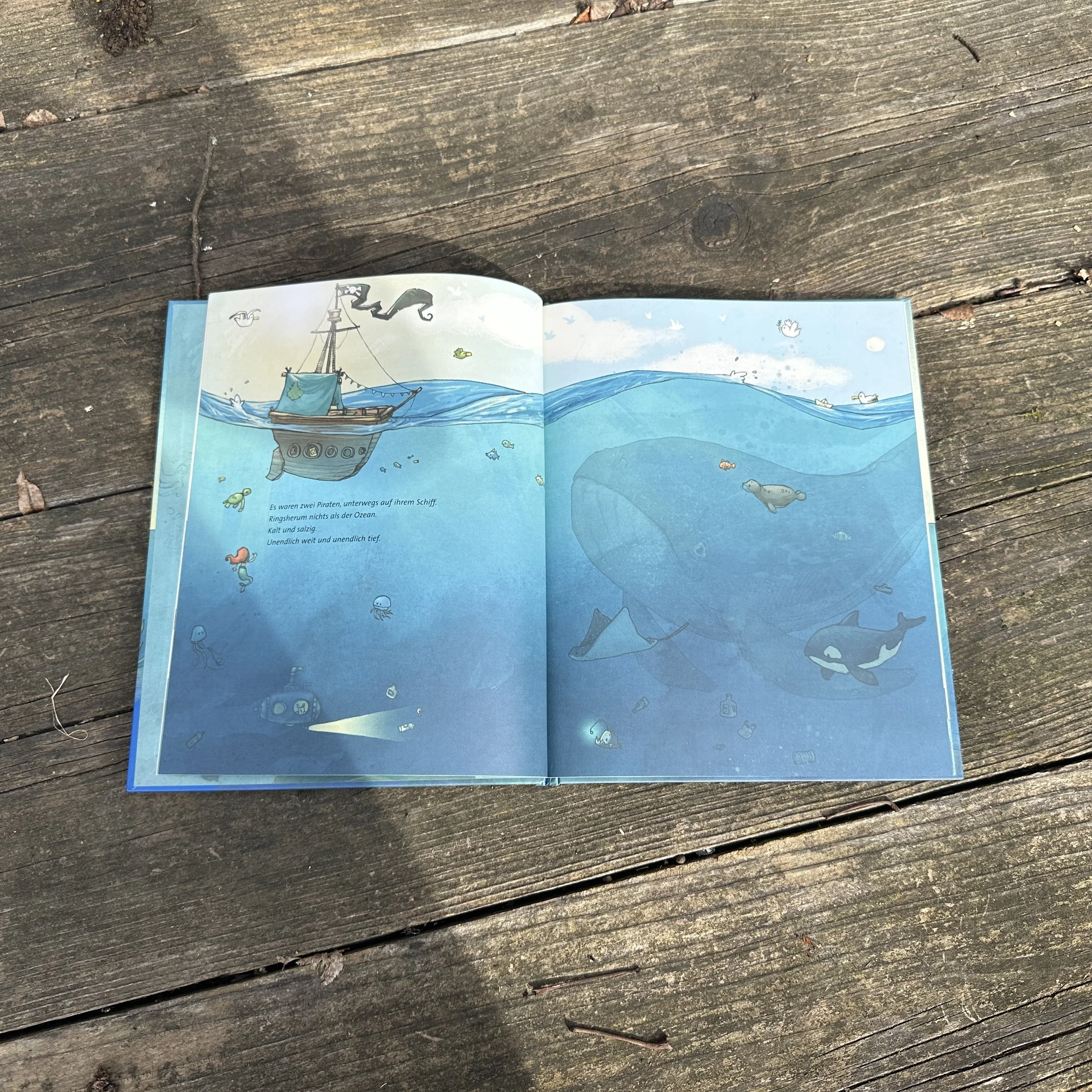 Eine Innenseite des Buchs "Paco und Knuff". Man sieht ein Unterwasserbild.