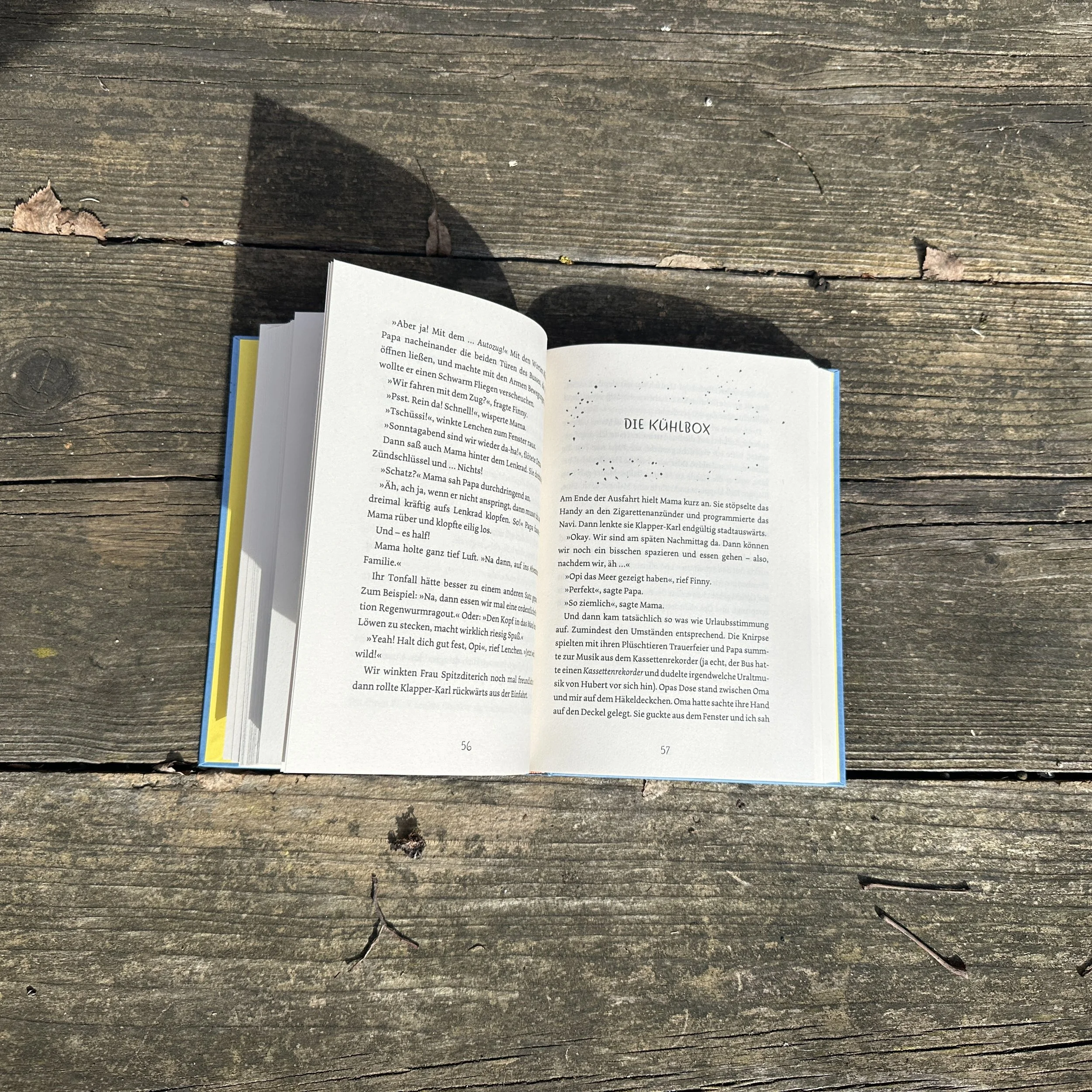 Das Buch Knäckebrothelden liegt aufgeschlagen auf einem Holztisch.