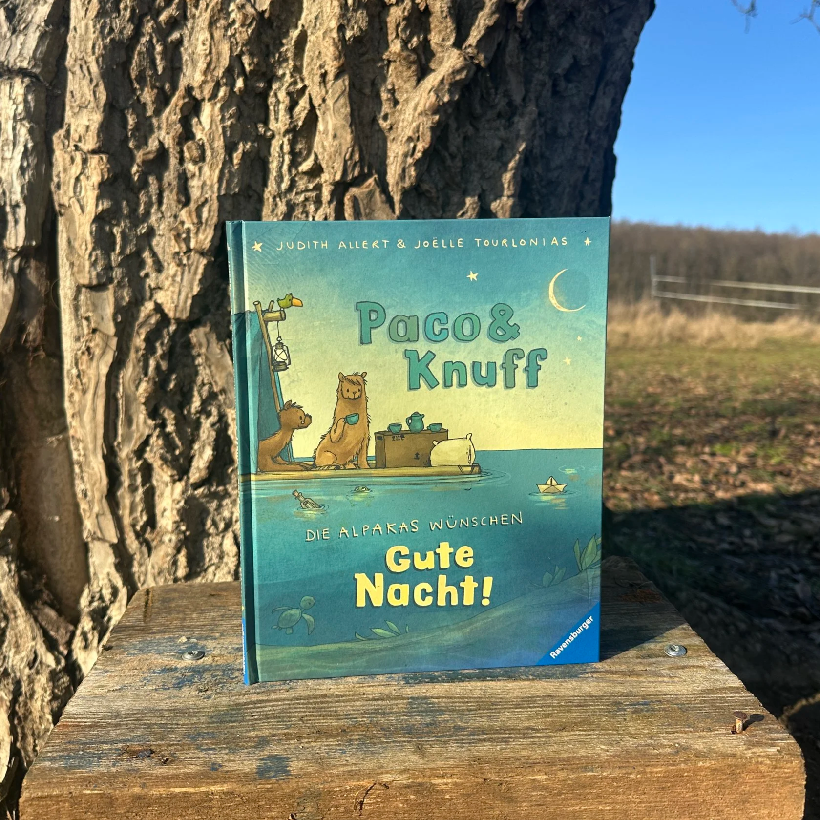 Ein Foto vom Bilderbuch "Paco und Knuff" vor einem Baumstamm. Paco und Knuff sind zwei knuffige Alpakas.