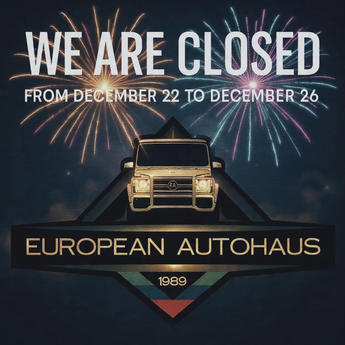 🔧 Heads up, drivers! European Autohaus will be closed Dec 22&ndash;26. even our wrenches need a break. 🛠️ Make sure to schedule your service before we shut the garage doors! Back in action on Dec 29. 🚗💨
Enjoy the season!!!
