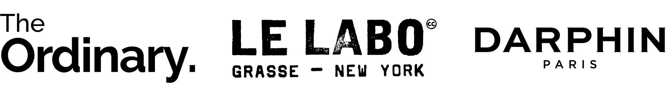 Logos of The Ordinary, Le Labo, and Darphin on a white background