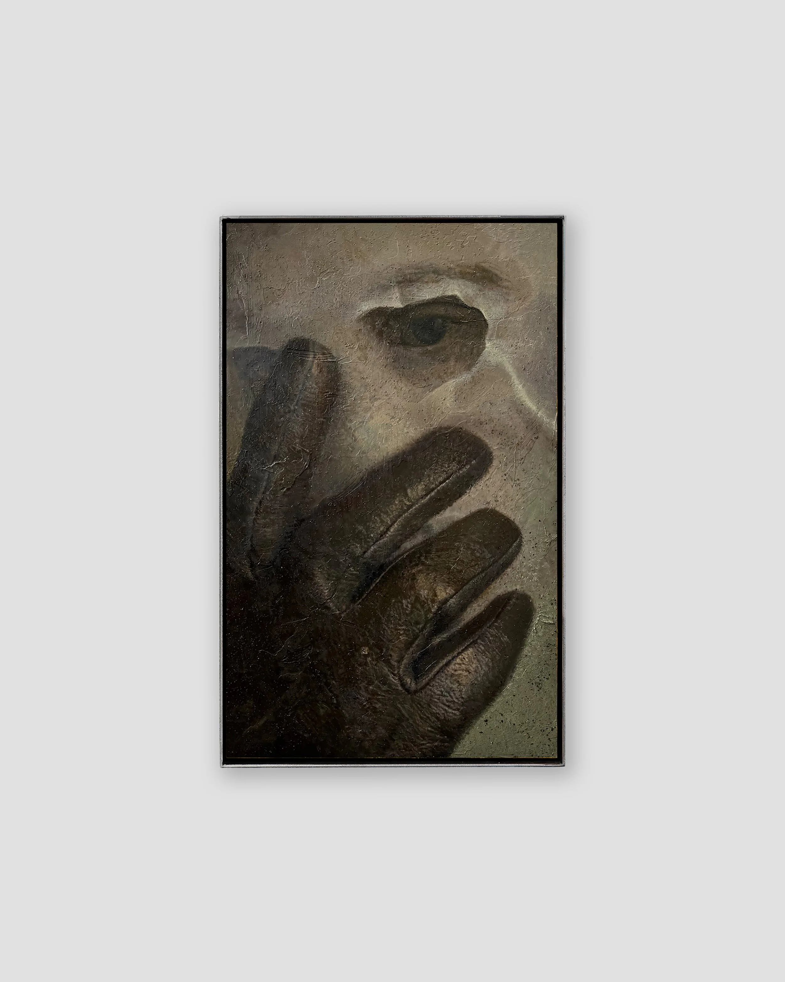 Self-portrait with mask H2504, Oil, glitter, and alcyd resin on board in aluminium frame, 27x42.5x5cm, 2025
