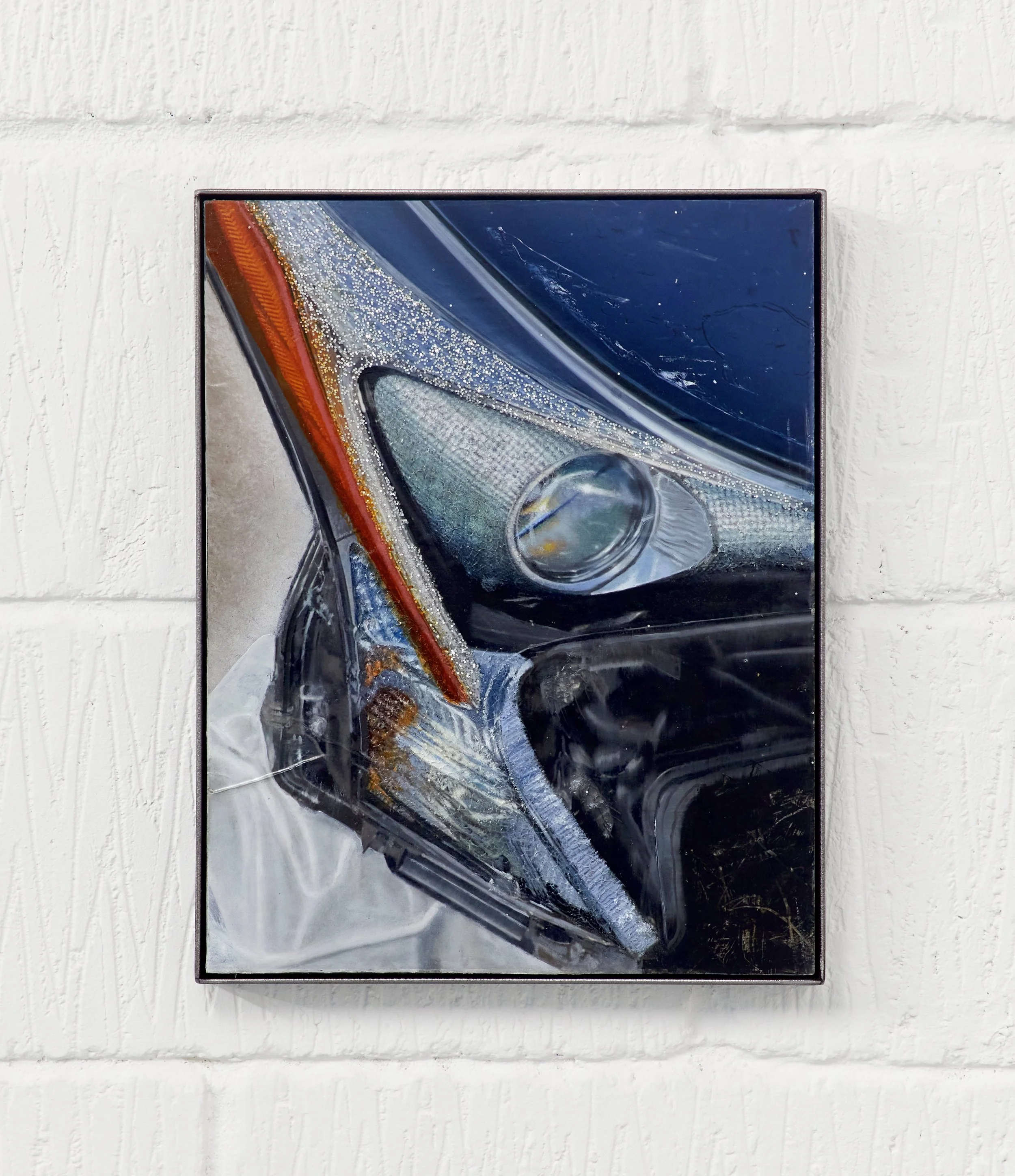 In the flash, Oil, glitter, and glue on panel in steel frame, 37x29.5x3cm, 2022