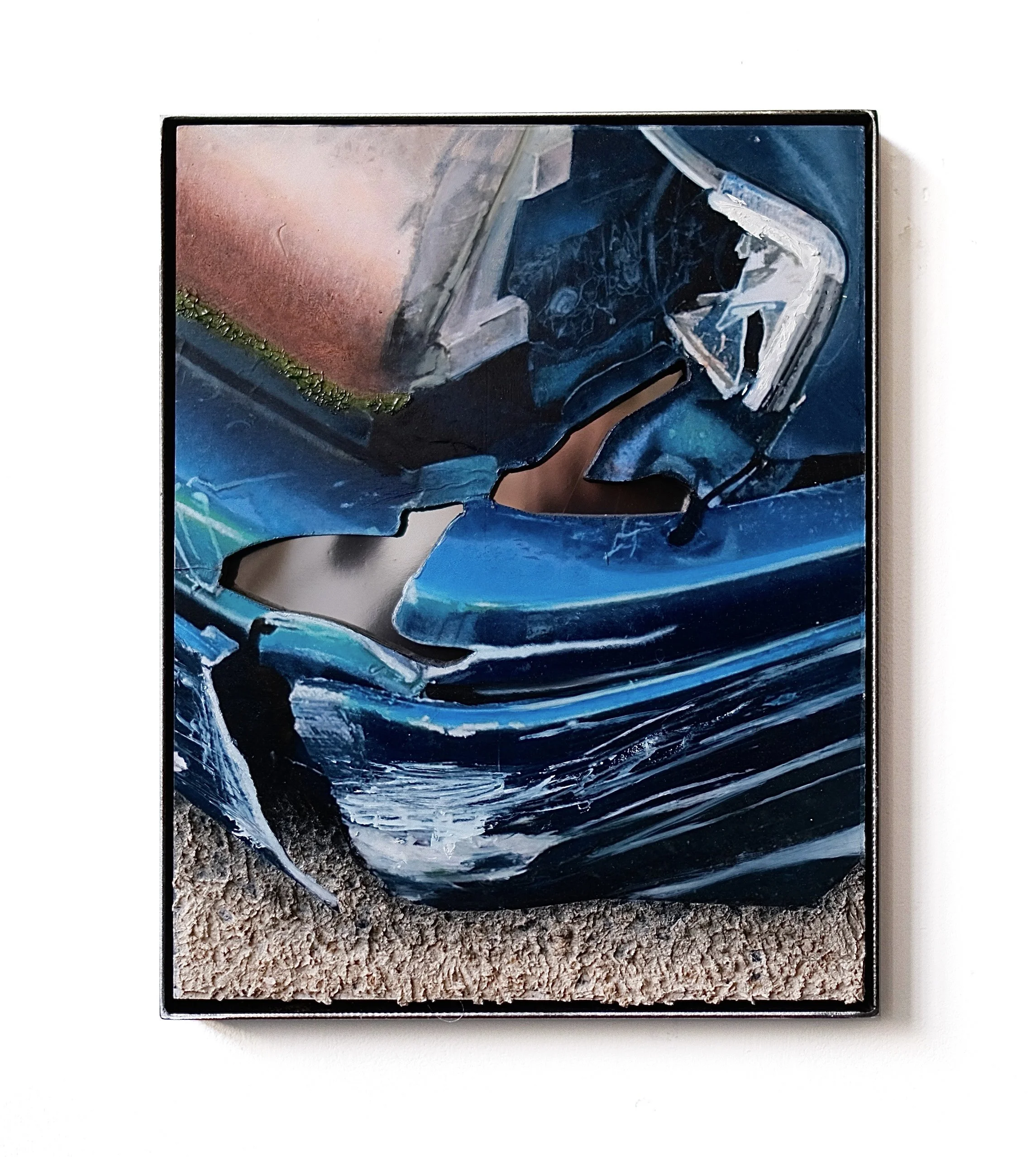 Crash Series, Oil, alcid resin, reflective foil, and glue on panel in steel frame, 29.5x37.5cm