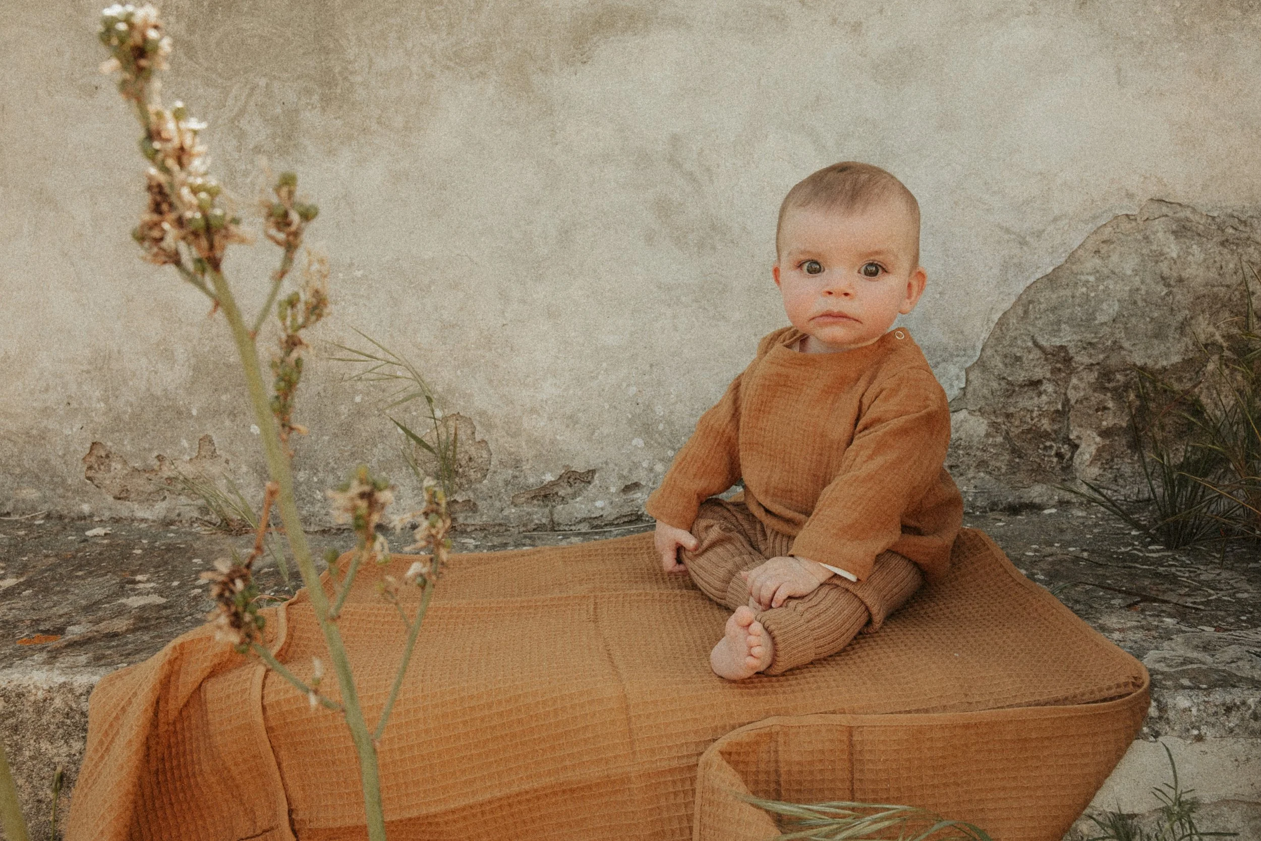 Un bébé assis par terre devant un mur en pierre, portant des vêtements marron et beige, avec une plante devant lui.