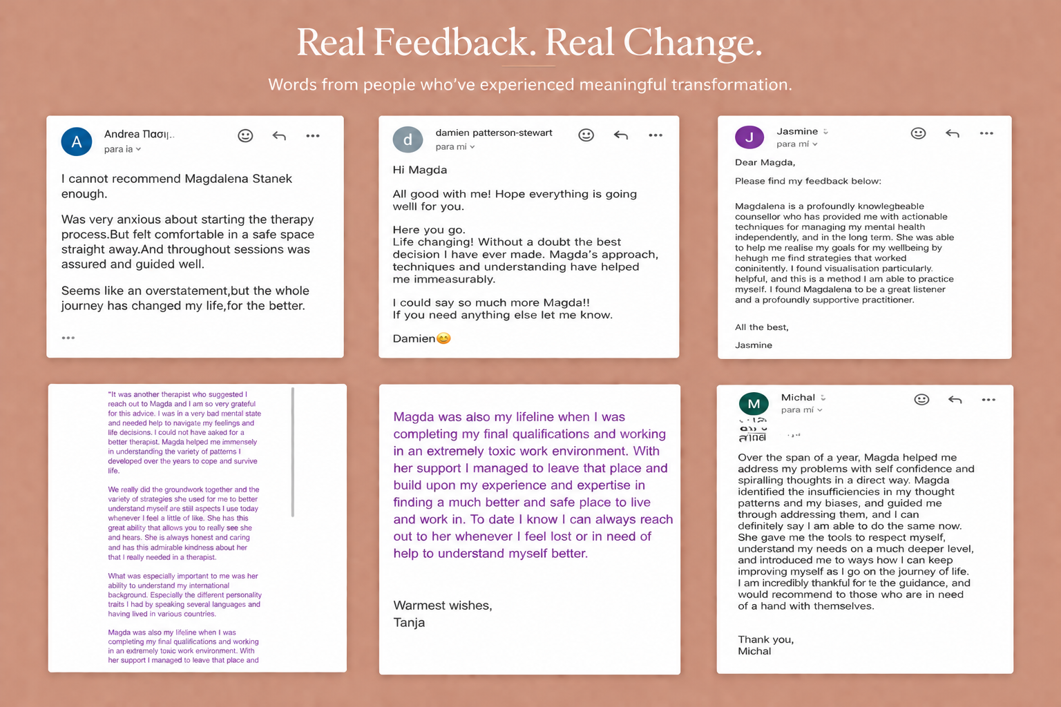 Collection of positive feedback messages about a person named Magdalena, including handwritten and digital notes from various individuals describing her helpfulness, professionalism, and support in therapy and personal development.
