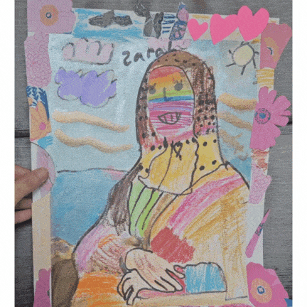 Colorful drawing of a woman with rainbow and sunset patterns on her face, surrounded by pink hearts and clouds, with a hand holding the paper.