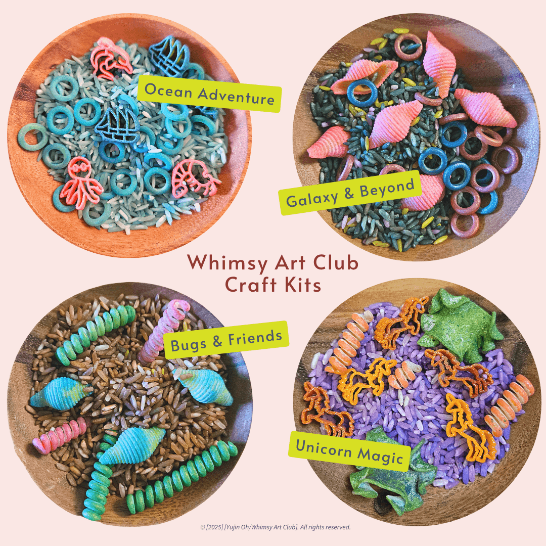 Top-down view of colorful, sparkly craft kit materials including beads, pearls, and sequins for a children’s mirror decorating activity, part of Whimsy Art Club’s Mirror Magic theme.