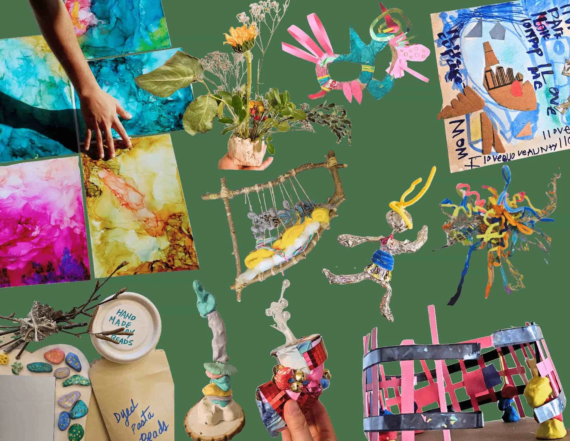 Collection of colorful art projects including paintings, handmade crafts, drawings, and decorated objects on a green table.