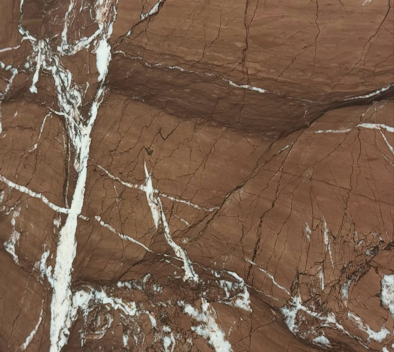 Close-up of a brown marble surface with white veining.