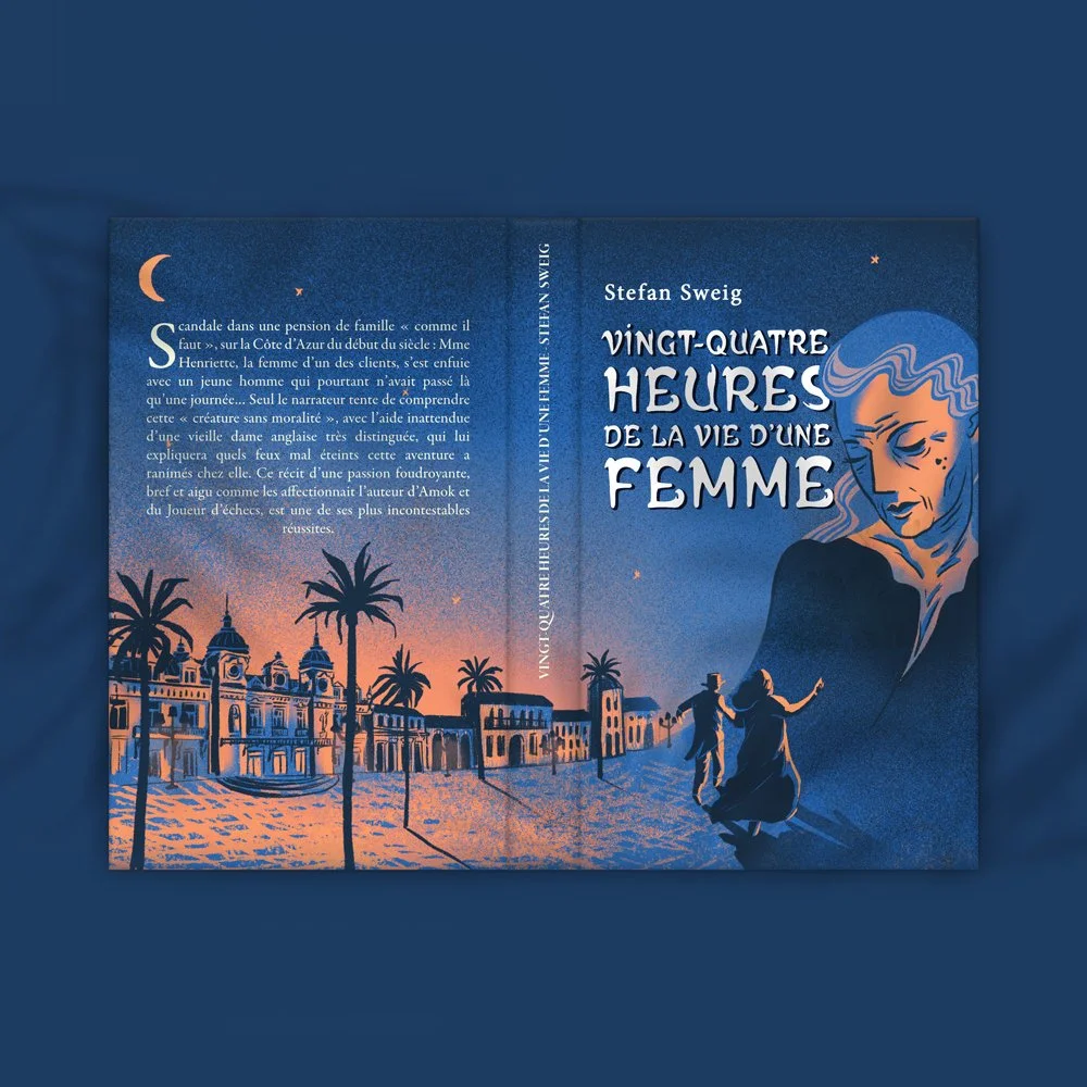 Couverture d'un livre intitulé 'Vingt-quatre heures de la vie d'une femme' de Stefan Sweig, illustration d'une femme en portrait et d'une scène de deux personnes dans une ville en bord de mer avec palmiers et bâtiments colorés