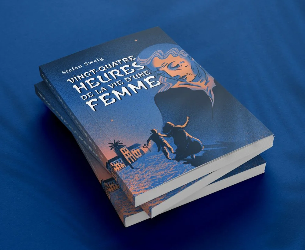 Deux livres empilés avec la couverture du premier montrant une illustration d'une femme et une plage au coucher du soleil, le titre en français 'Vingt-quatre heures de la vie d'une femme'.