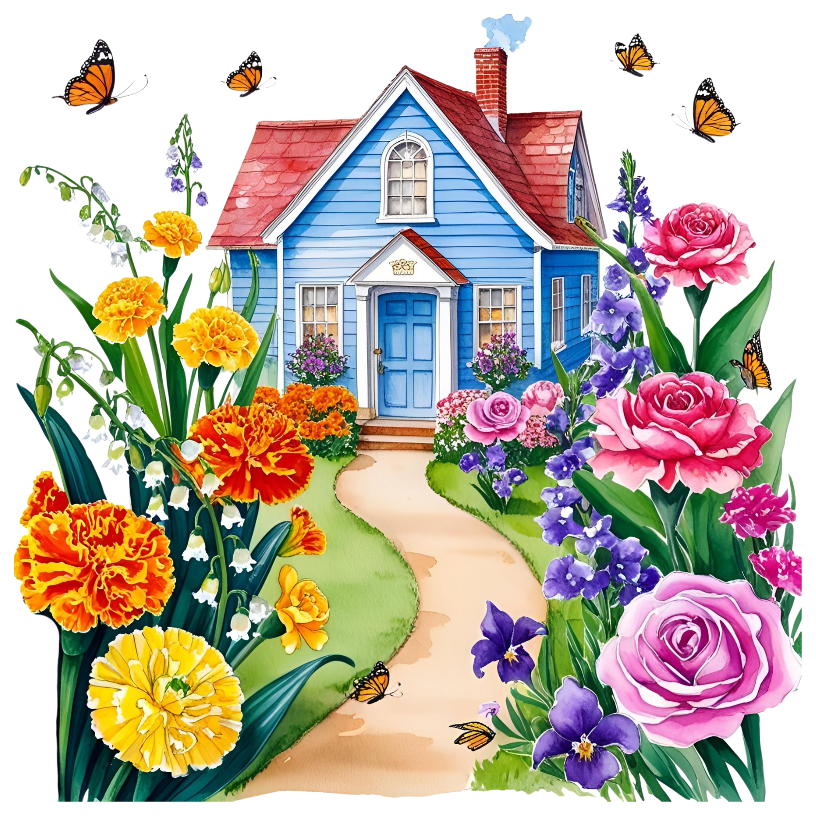 Charming blue house with a red roof, surrounded by vibrant flowers including marigolds, roses, and lilies. Butterflies flutter above and along the path leading to the front door.