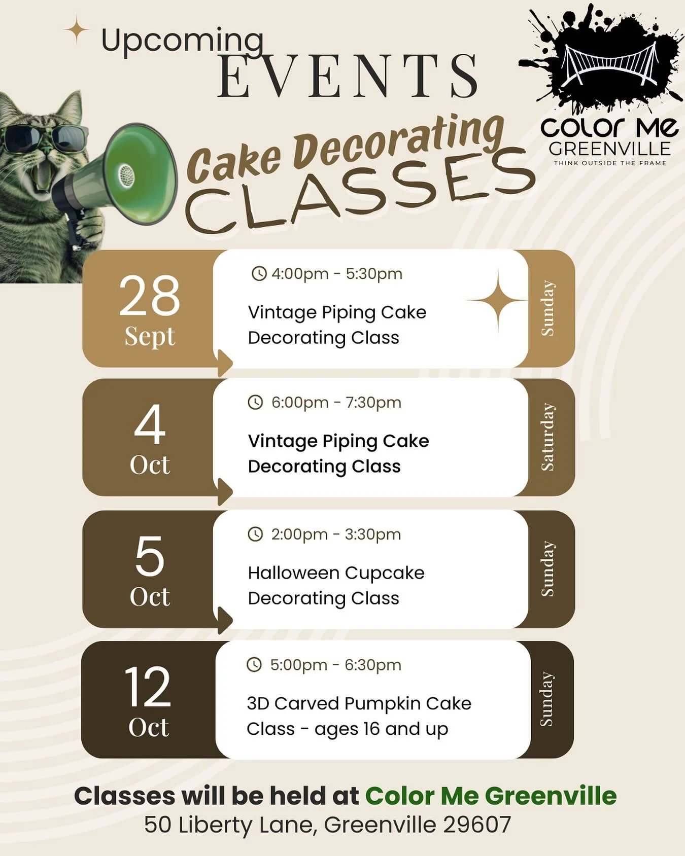 We have partnered with @colormegreenville to start hosting cake and cupcake decorating classes! More details can be found on the Color Me Greenville&lsquo;s website and you can book directly from there. We still have some spots left for this Sunday! 