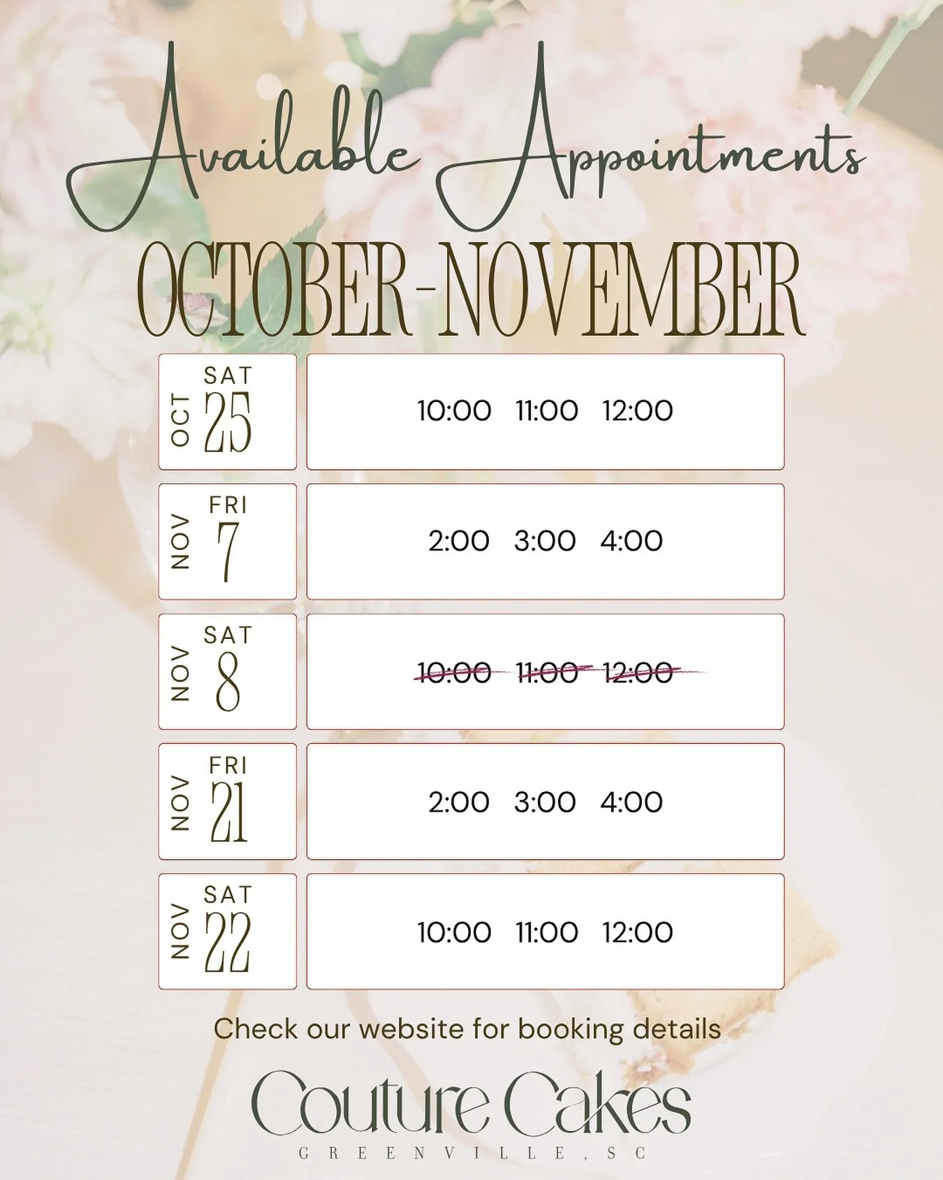 We have some weekend availability for Wedding cake tastings! Check the link in our bio or visit our website - couturecakesofgreenville.com to book! 
Come try our award winning flavors and meet with our  talented team of decorators to help design your
