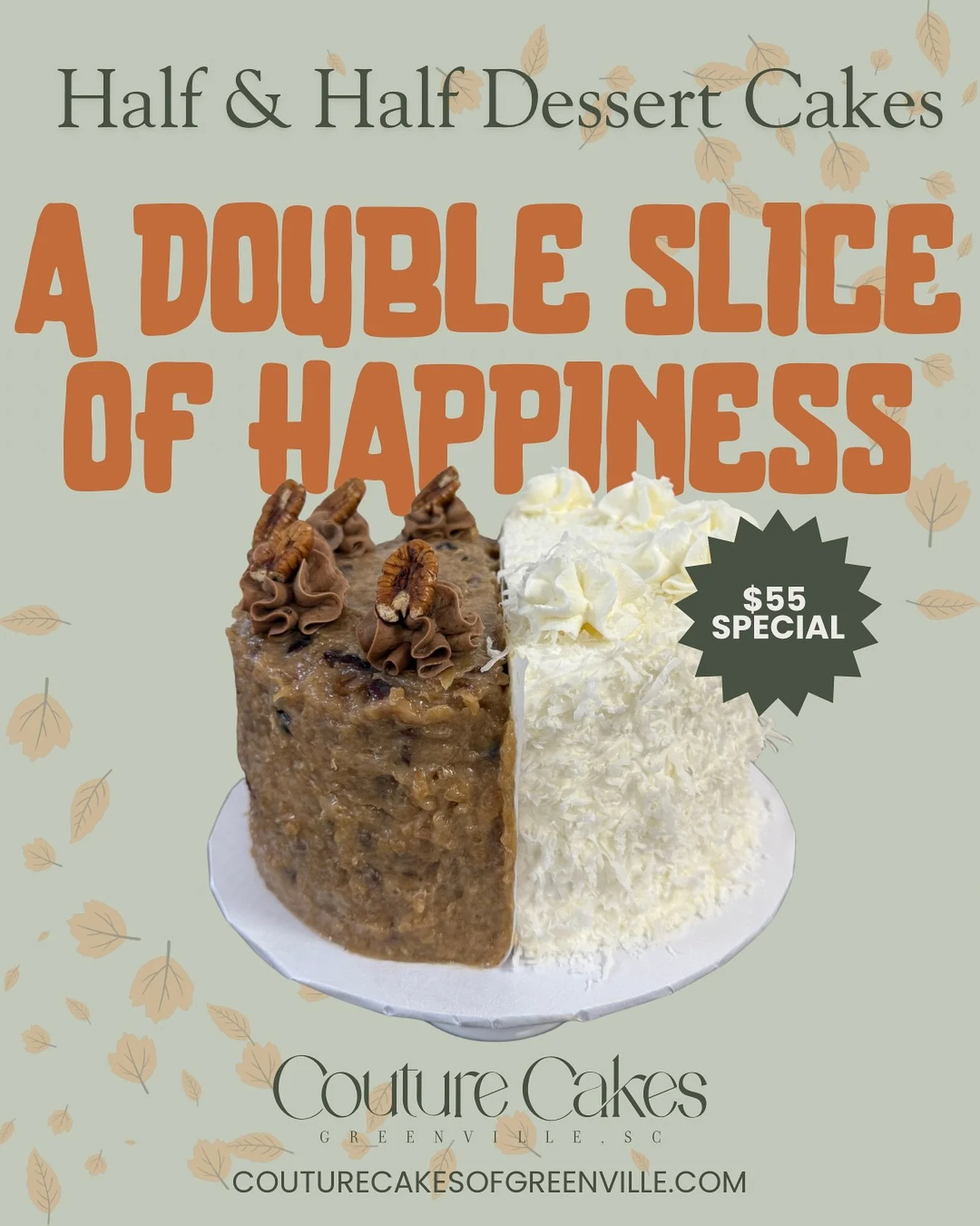 Need a dessert option to satisfy the whole crowd this holiday season? We&rsquo;ve got you covered! Choose two flavors in one cake! 
Flavors to choose from: 
-Chocolate biscoff
-Pumpkin cheesecake 
-Red velvet 
-Sweet potato
-German chocolate 
-Coconu