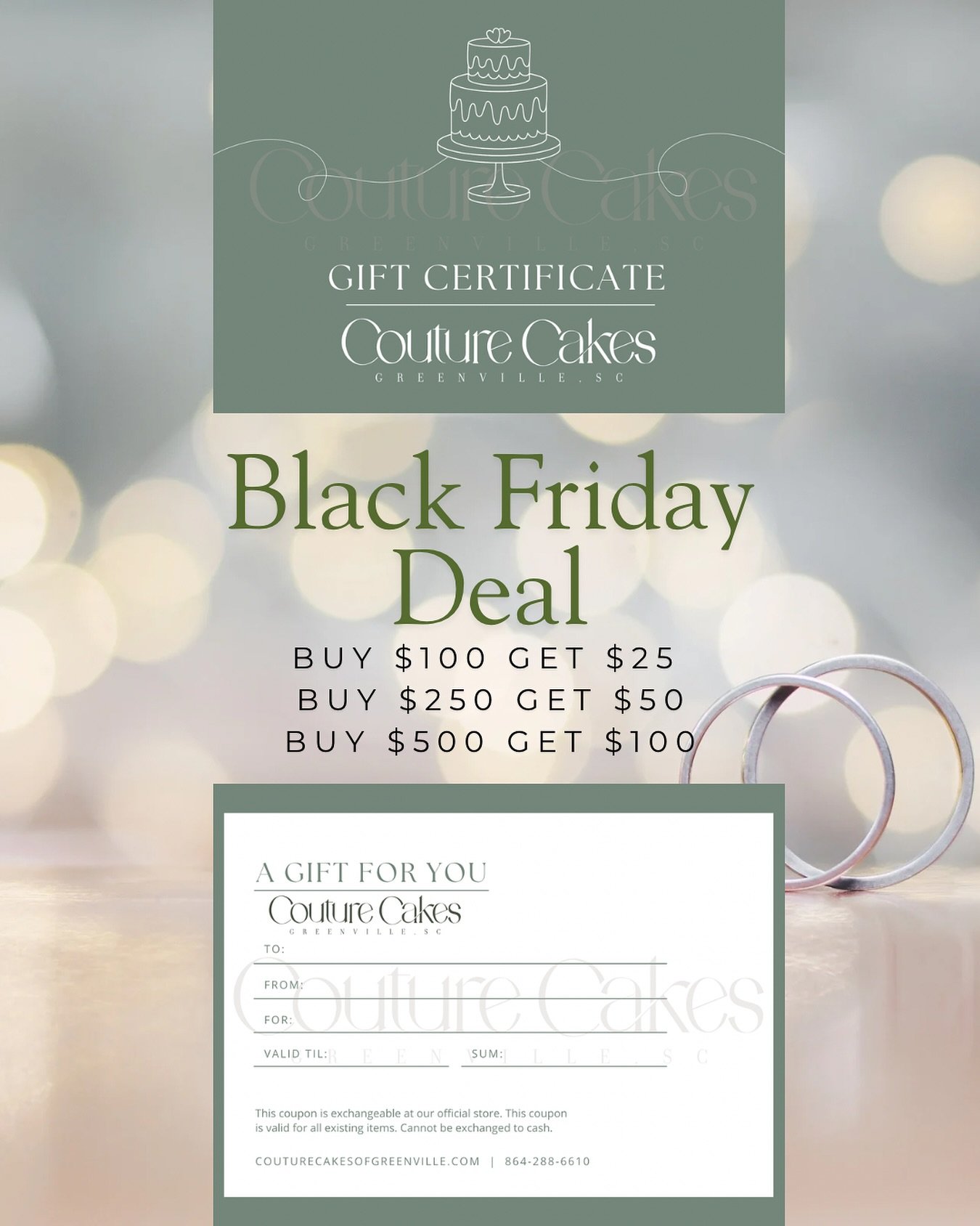 Black Friday deal! Perfect for upcoming weddings or larger events! 
Buy $100 gift certificate get $25 gift certificate free 
Buy $250 gift certificate get $50 gift certificate free 
Buy $500 gift certificate get $100 gift certificate free 

Call or s