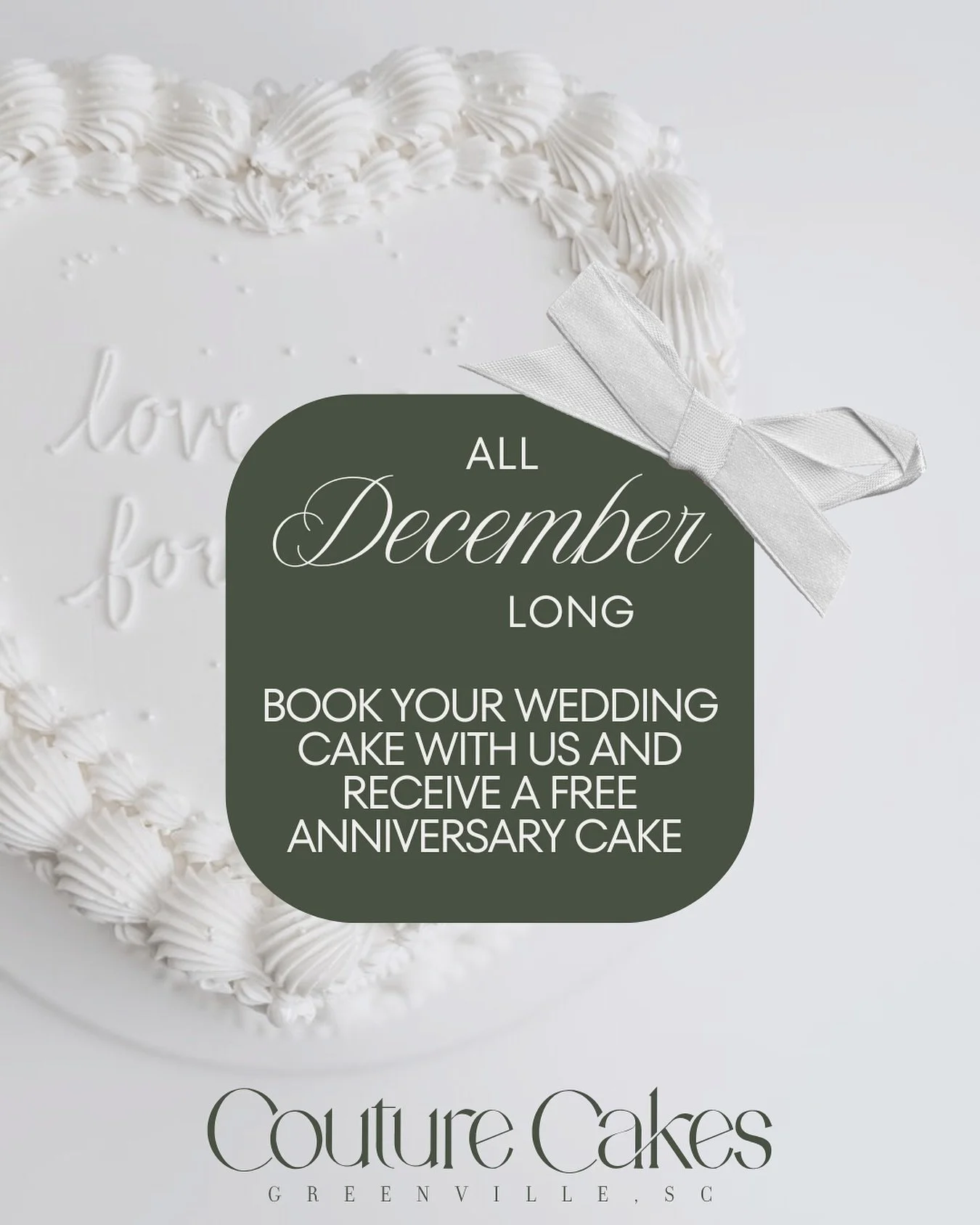 Our December wedding special 🤍
Book your wedding cake with us and receive a 5in anniversary cake for free! 
Choose to take it home the day of your wedding and freeze for an old tradition- or choose to have a fresh one made for pickup around your one